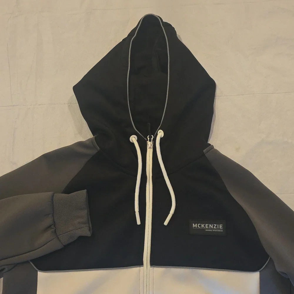 McKenzie Original Sportswear Men's Full-Zip Hooded‎ Jacket Black White Gray L